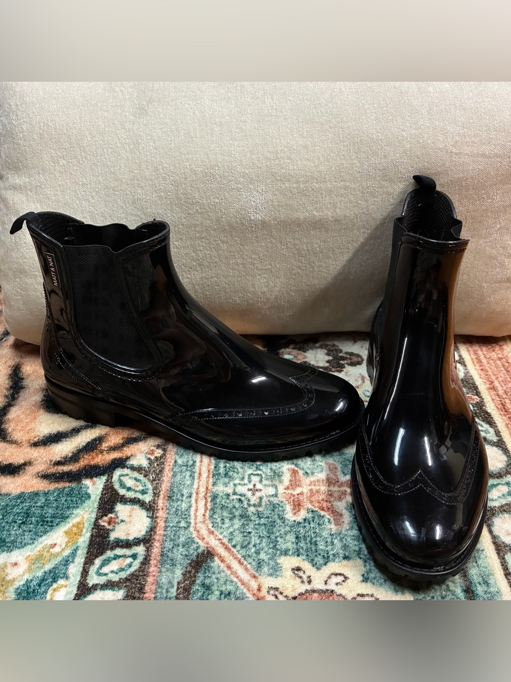 MATT & NAT Black Glossy Chelsea Rain Boots Wingtip Brogue Women’s Size 40
